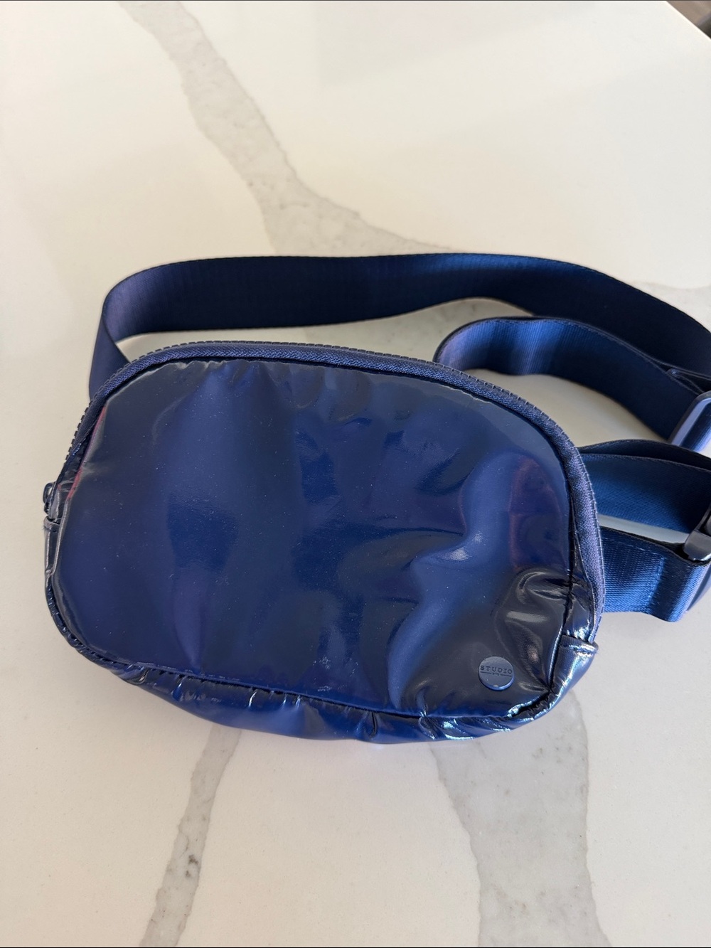 Glossy Patent Navy Crossbody Belt Bag with Adjustable Strap. Super Cute.